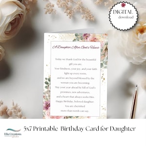 May include: A 5x7 printable birthday card for a daughter, featuring floral accents in pink and purple. The card includes the text "A Daughter After God's Heart" and a heartfelt message. A digital download is available.