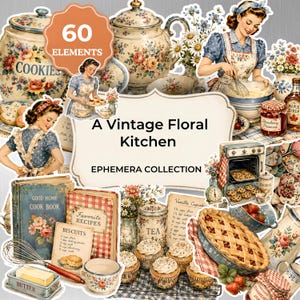 Könnte beinhalten: Eine Sammlung von 60 Vintage-Küchen-Ephemera-Elementen mit Illustrationen von Keksdose, Teekanne, Kochbüchern, Kuchen, Cupcakes, Schneebesen, Butter und einer backenden Person, mit dem Text A Vintage Floral Kitchen EPHEMERA COLLECTION.