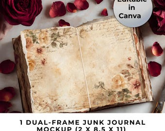 May include: An open junk journal mockup with aged paper, floral accents, and a string binding. The journal is 8.5 x 11 inches. Red rose petals and roses surround the journal. The text "Editable in Canva" is in a white circle.