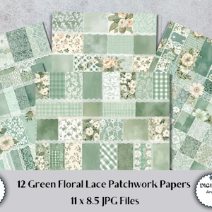 12 feuilles vertes pour patchwork de dentelle florale - Papier numérique pour scrapbooking | Imprimable Shabby Chic | Paquet de papier de journalisation vintage vert indésirable.