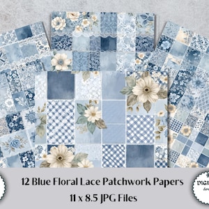 12 Blue Floral Lace Patchwork Papers - Digital Scrapbooking Paper | Shabby Chic Printable Kit | Vintage Blue Junk Journaling Paper Pack.