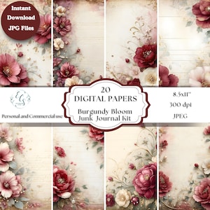 Kit per Junk Journal Burgundy Bloom - 20 pagine stampabili vintage / Pacchetto di carta digitale floreale, dettagli dorati, effimeri romantici, set per scrapbooking