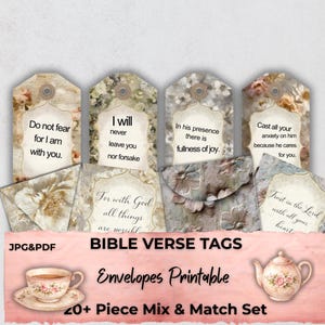 May include: A collection of printable Bible verse tags and envelopes. The tags feature floral designs and inspirational quotes. The set includes a teacup, saucer, and teapot illustration. The text on the image says "Bible Verse Tags" and "Envelopes Printable".