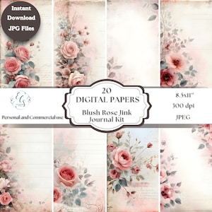 Blush Rose Journal Pages – 20 Printable Junk Journal Papers | Lined Floral Backgrounds, Vintage Rose Kit, Shabby Chic Digital Download Set