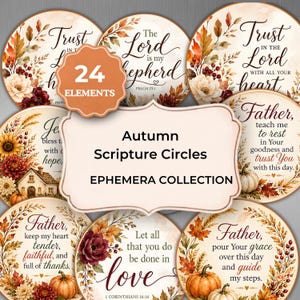 Autumn Scripture Circles, Christian Bible Verse Tags, Fall Prayer Journal Ephemera, 24 Printable Elements, Faith Paper Craft, PDF JPG Sheets