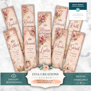 Könnte beinhalten: Ein Set aus achtzehn rechteckigen Lesezeichen mit floralen Vintage-Mustern in Rosa- und Cremetönen. Jedes Lesezeichen zeigt einen Namen, ein Kronensymbol und einen Bibelvers. Der Text enthält Namen wie Elizabeth, Rebekah, Miriam und Sarah.