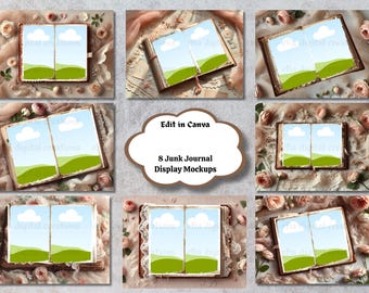 May include: Eight mockup images of open junk journals with a light blue sky, white clouds, and green hills background. The journals are surrounded by lace, flowers, and other decorative elements. The text "Edit in Canva" and "8 Junk Journal Display Mockups" is displayed on the image.