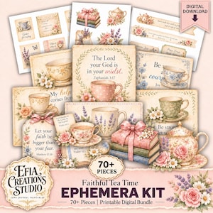 Faithful Tea Time Ephemera Kit, Christelijke Bijbeltekstkaartjes, Vintage theekopjes uitknipsels, Bijbel Junk Journal JPG en PDF digitale bestandenkit ECS018