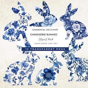 Clipart chinoiseriekonijn | PNG's met blauw konijn met bloemen | 12 transparante png's | Digitale download | 300 dpi | Commercieel gebruik clipart voor ambachten.