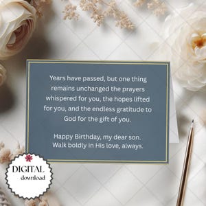 Carte d'anniversaire chrétienne pour fils, religieux imprimable, carte de voeux foi, bénédiction des Écritures, souvenir de prière, cadeau spirituel PDF.
