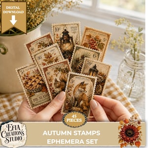 May include: A collection of 45 rectangular postage stamp-style stickers featuring autumn-themed illustrations including a fox, squirrel, lantern, pie, and foliage. Each stamp has serrated edges and vintage-style text like Fall Nights and Woodland Post.