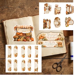 May include: A collection of harvest-themed stickers featuring pumpkins, autumn foliage, and religious text including Offer unto God thanksgiving, Thou crownest the year with thy goodness, and This is the day which the LORD hath made.