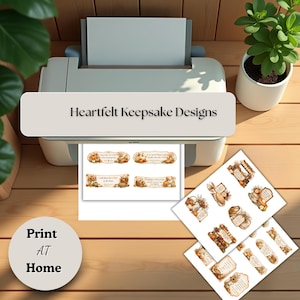 May include: A white desktop printer with a sheet of paper featuring four rectangular labels with autumn-themed illustrations of pumpkins, sunflowers, and wheat, alongside text including "I will bless the LORD at all times" and "Heartfelt Keepsake Designs."
