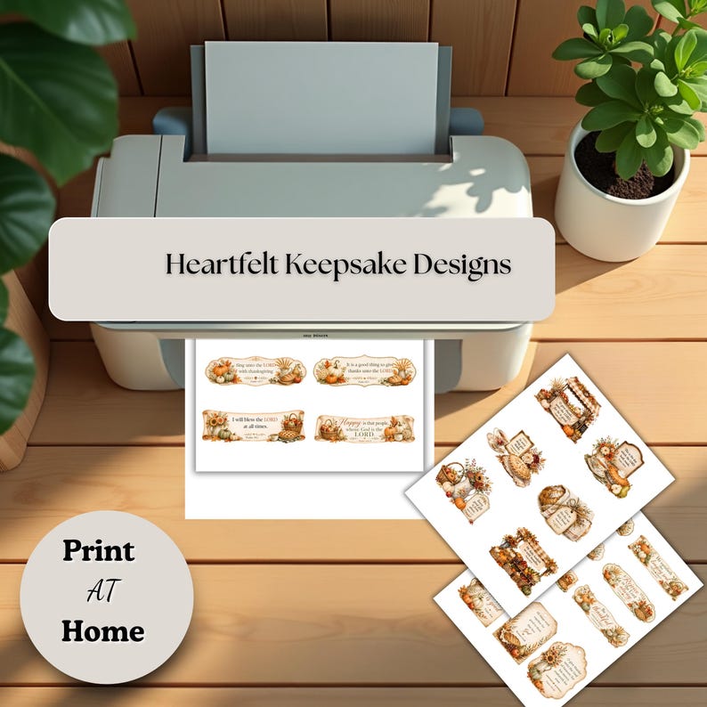 May include: A white desktop printer with a sheet of paper featuring four rectangular labels with autumn-themed illustrations of pumpkins, sunflowers, and wheat, alongside text including "I will bless the LORD at all times" and "Heartfelt Keepsake Designs."