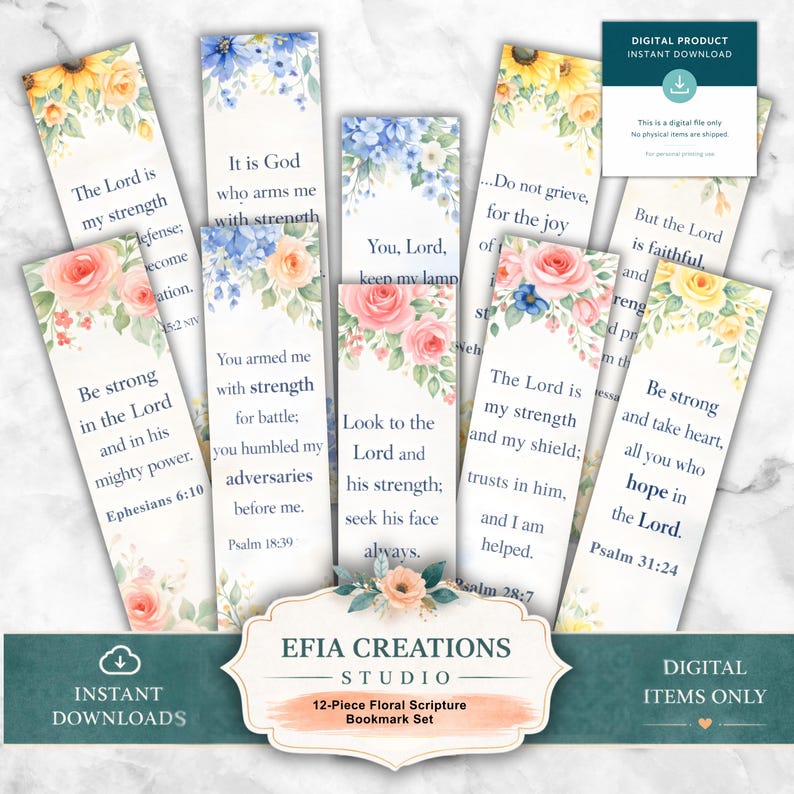 Floral Scripture Bookmark Set Printable 2x8 Bible Verse Bookmarks With ...