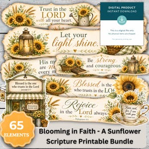 Op de afbeelding: Een digitale printbare set met 65 elementen, voorzien van zonnebloemillustraties, rustieke lantaarns en bijbelverzen zoals Trust in the Lord, Let your light shine, Be strong and courageous en Rejoice in the Lord always.