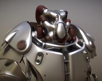 May include: A detailed, metallic silver power armor suit with red accents. The armor features a helmet with a respirator and a complex design, showcasing a futuristic aesthetic. The suit's surface reflects light, highlighting its intricate details.