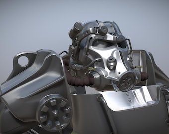 Könnte beinhalten: Nahaufnahme eines silbernen Power-Rüstungshelms und Brustteils. Der Helm hat ein Atemschutzgerät, Schläuche und ein rundes Emblem. Die Rüstung hat eine polierte, reflektierende Oberfläche, die auf ein futuristisches oder Science-Fiction-Thema hindeutet.