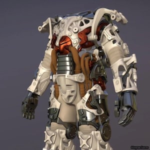 May include: A detailed, futuristic white and red exoskeleton suit with intricate mechanical components. The suit features metallic accents, visible tubing, and a complex design, suggesting advanced technology and protection.