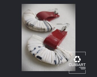 White and Red Ecofriendly Earrings From Upcycled Plastic Bags for Sustainable Fashion