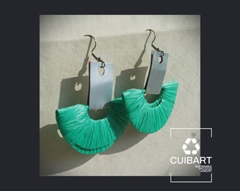 Green and Silver Ecofriendly Earrings From Upcycled Plastic Bags for Sustainable Fashion