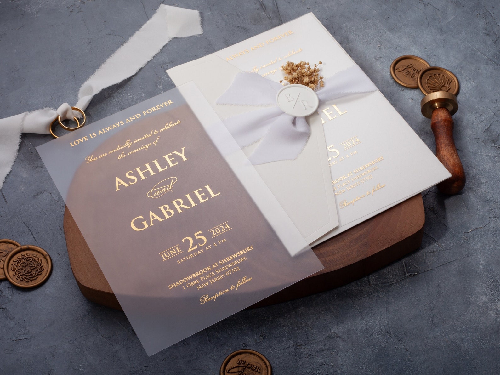 White and Gold Acrylic Wedding Invitation Elegant Invite With Ribbon