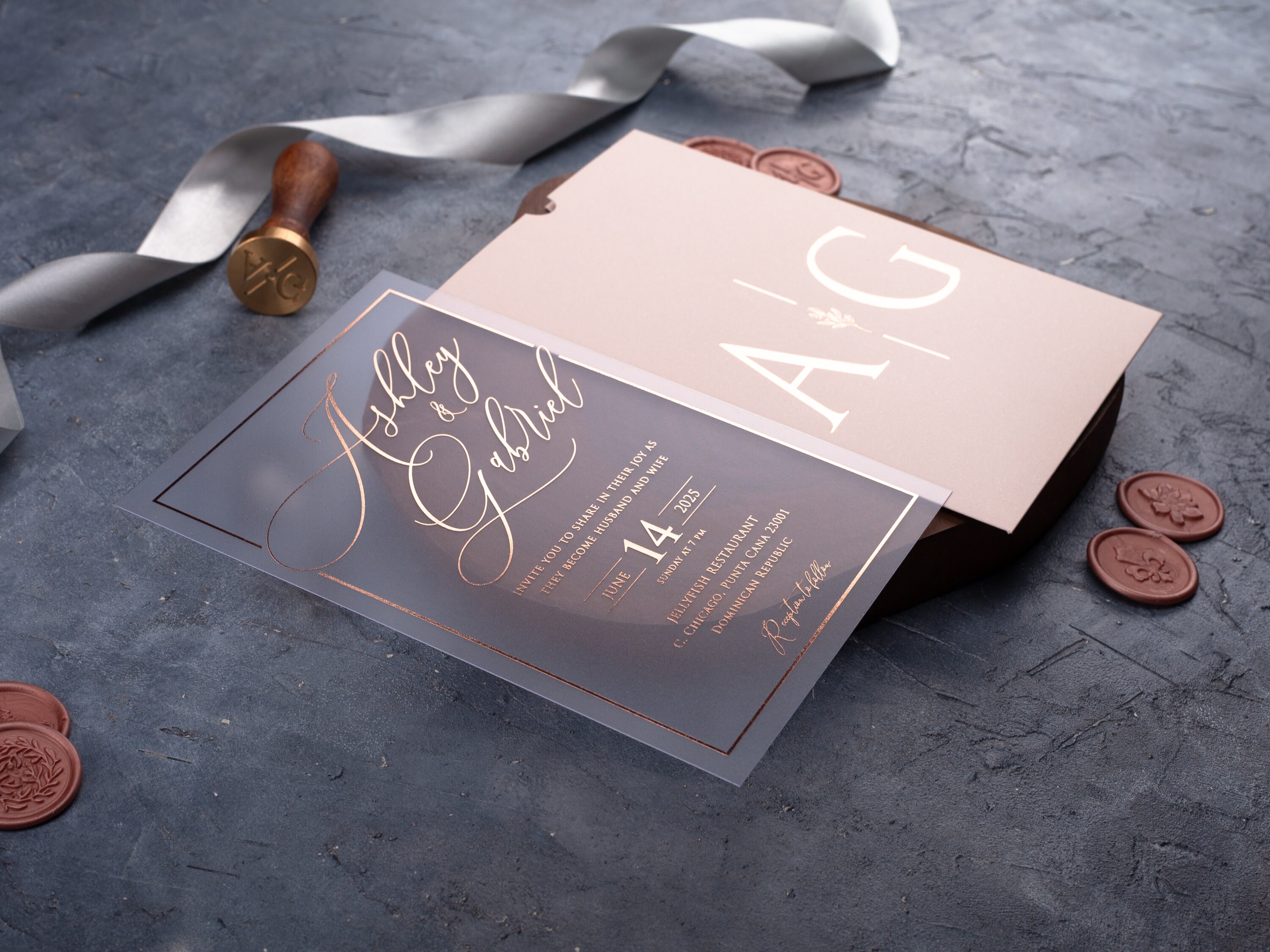 Customized Pink Wedding Invitation Featuring Elegant Rose Gold Foil on