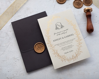 Vintage Black and Gold Foil Wedding Invitation with Floral Frame, Elegant Black Wedding Invite, Timeless Gold Framed Wedding Card
