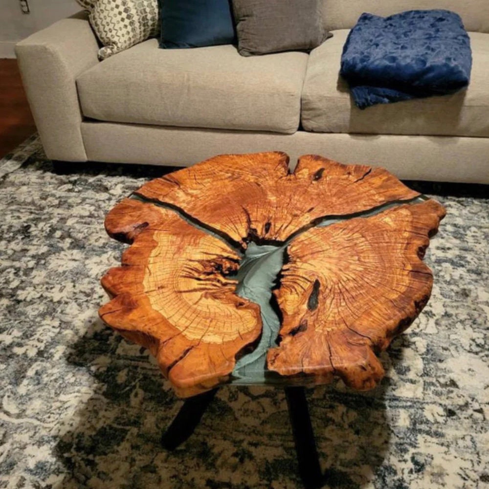 Live Edge Coffee Table With Epoxy Resin Olive Wood Burl Slab Round