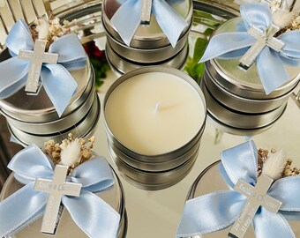 Personalized Scented Candle with Metal Box : Baptism, Christening, Communion, Mi Bautizo, Baby Shower Favors