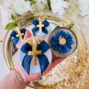 Bomboniere per candele battesimali blu e dorate, candele per battesimo, regali personalizzati, bomboniere per la comunione, regalo per il battesimo per bambina o bambino, regalo per la prima comunione