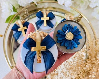 Personalized Daisy Candle with Metal Box Favors: Baptism, Baby Shower, Holy Communion Gift