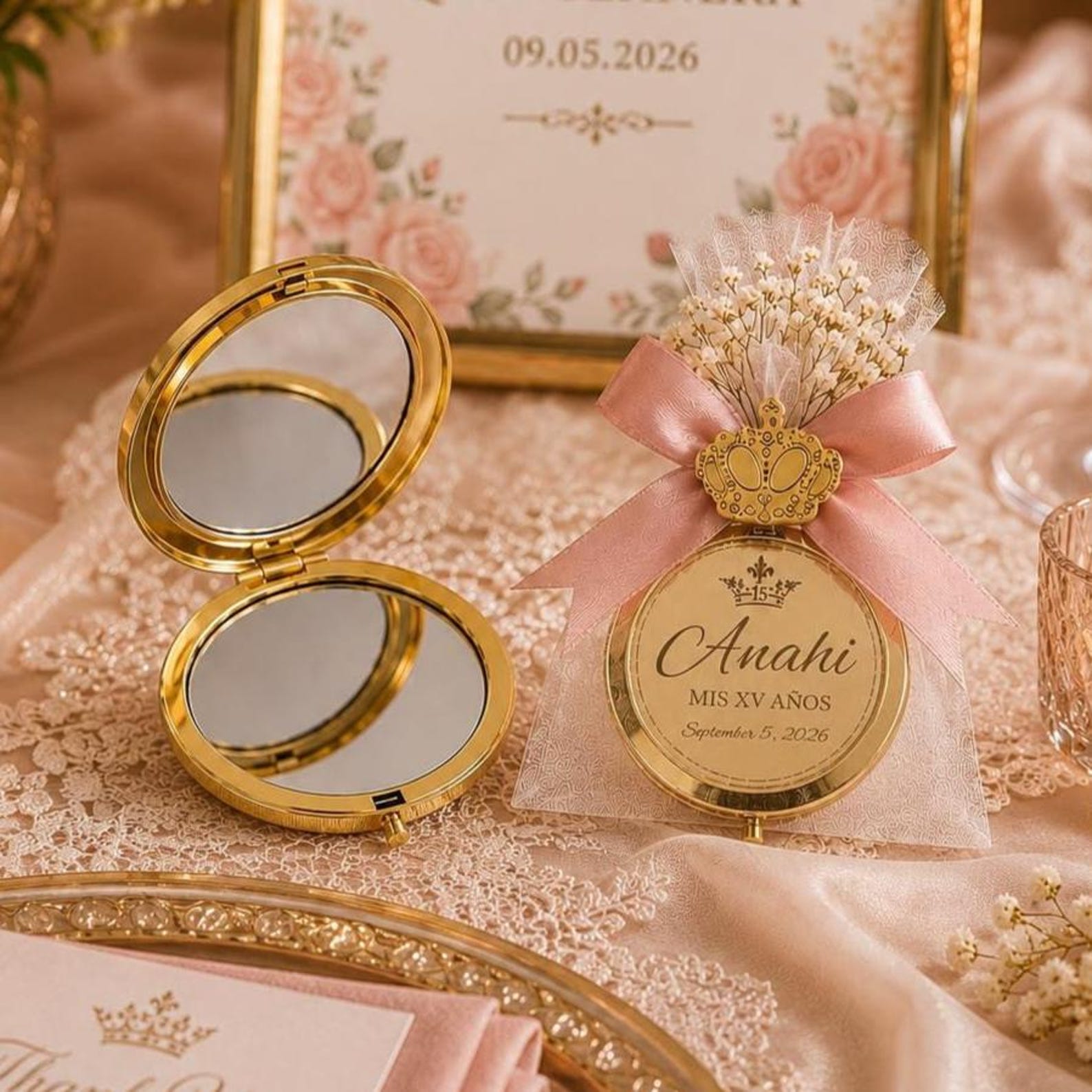 Personalized Quinceañera Compact Mirror Favor, Custom Gold & Silver Mirror, Sweet 15 Party Favor, Mis XV Años Gift, Personalized Guest Favor