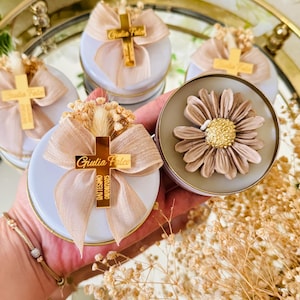 Personalized Daisy Candle with Metal Box Favors: Baptism, Mi Bautizo, Holy Communion Gift