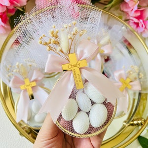 Personalized Almond with Lace Bag, Ribbon and Acrylic Mirror Tag : Baptism, Communion, Christening Gift