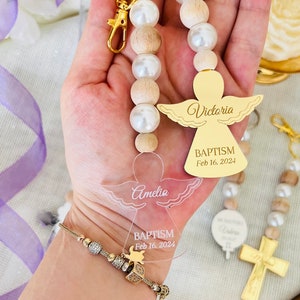 Personalized Wooden Bead Keychain Favors:  Baptism, Mi Bautizo, Christening, Holy Communion