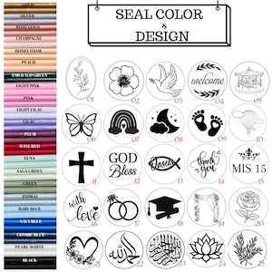 May include: A display of wax seal colors and designs. Colors include gold, silver, rose gold, and black. Designs include a butterfly, a rainbow, a cross, and the words "God Bless".