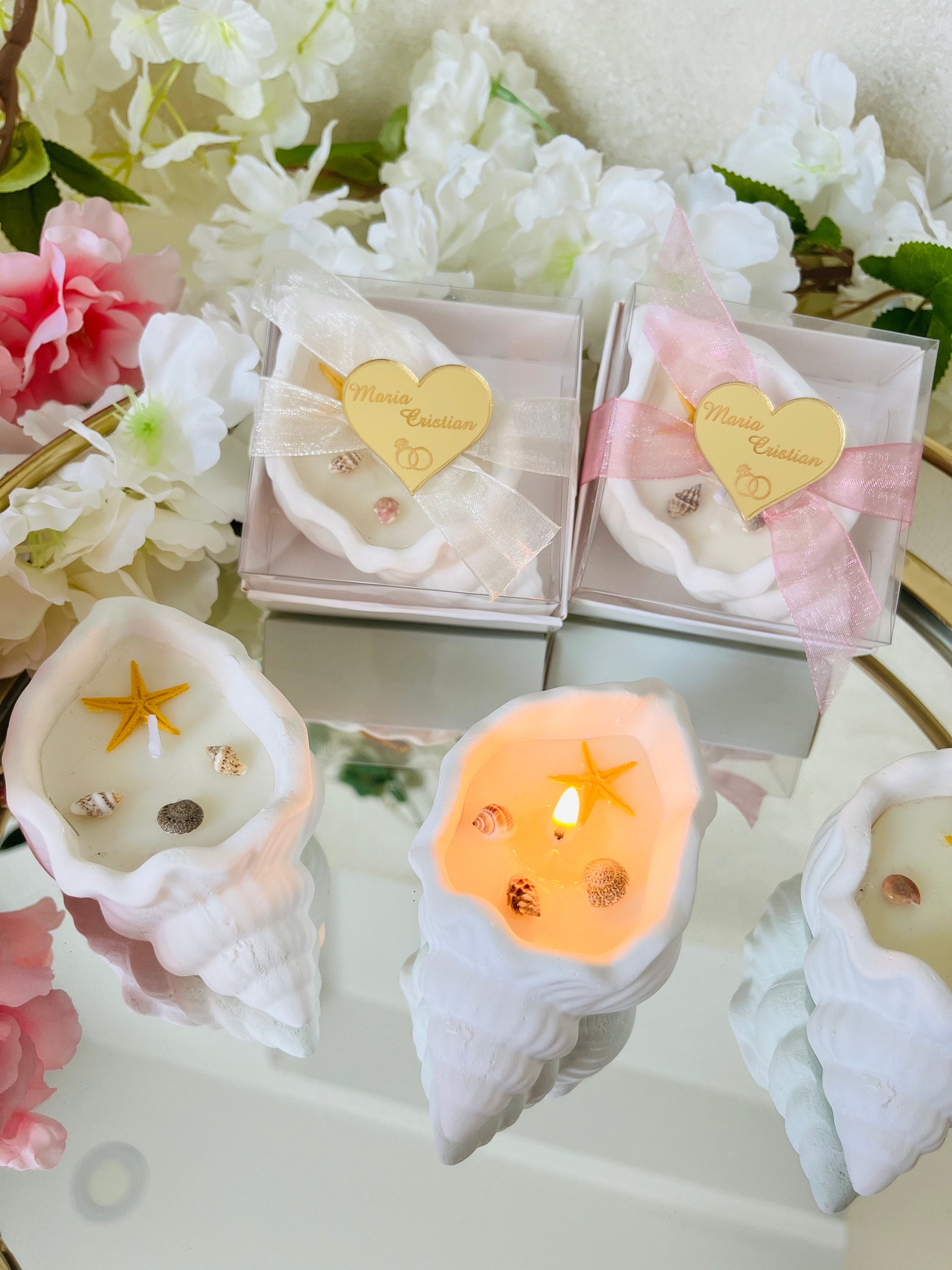 パーソナライズされた石貝殻の香り付きキャンドル：結婚式、婚約、ニカ