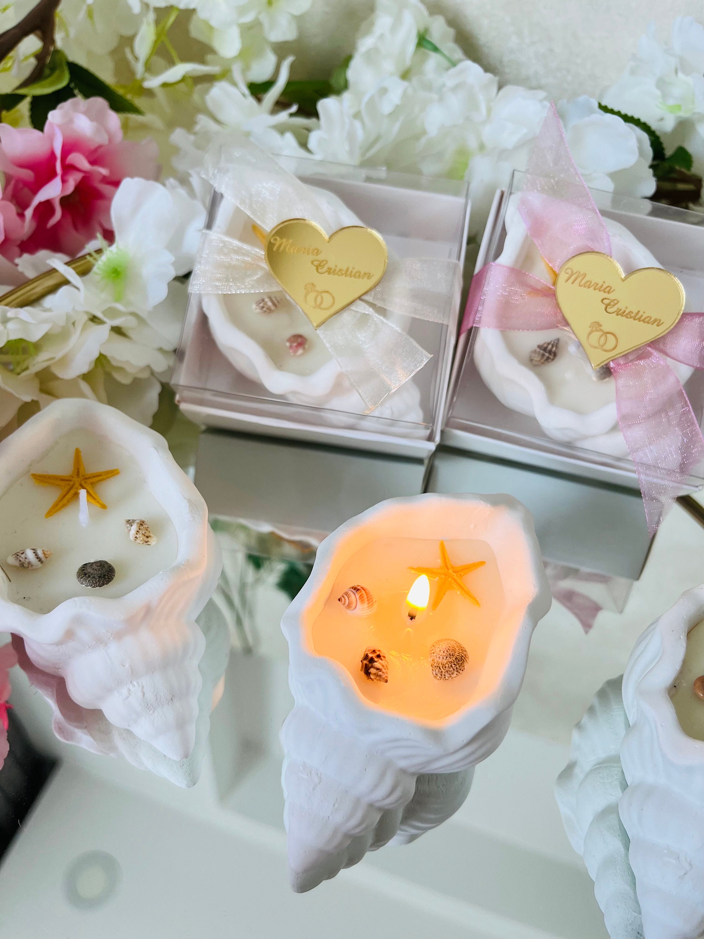 パーソナライズされた石貝殻の香り付きキャンドル：結婚式、婚約、ニカ