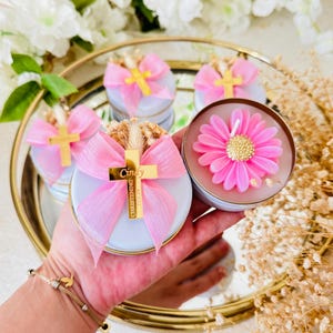 Personalized Daisy Soy Candle with Metal Box Favors: Baptism, Christening, Communion