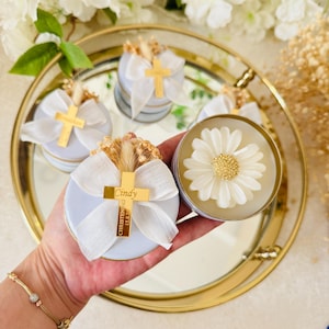 Personalized Daisy Candle with Metal Box Favors: Baptism, Mi Bautizo, Holy Communion Gift