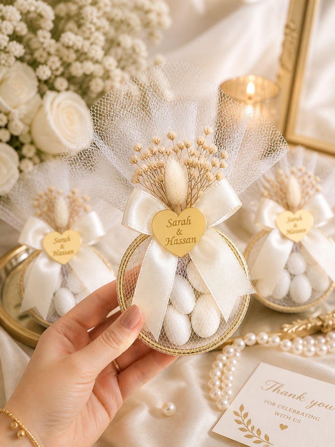イマンジャルダンクリームキャニスター M＆ピッチャー＆フック＆ジャム＆トレセット Wedding Favor: Personalized Jordan Almonds, Lace Bag, Ribbon