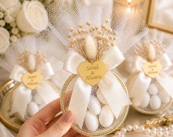 Wedding Favor: Personalized Jordan Almonds, Lace Bag, Ribbon & Acrylic Mirror Tag