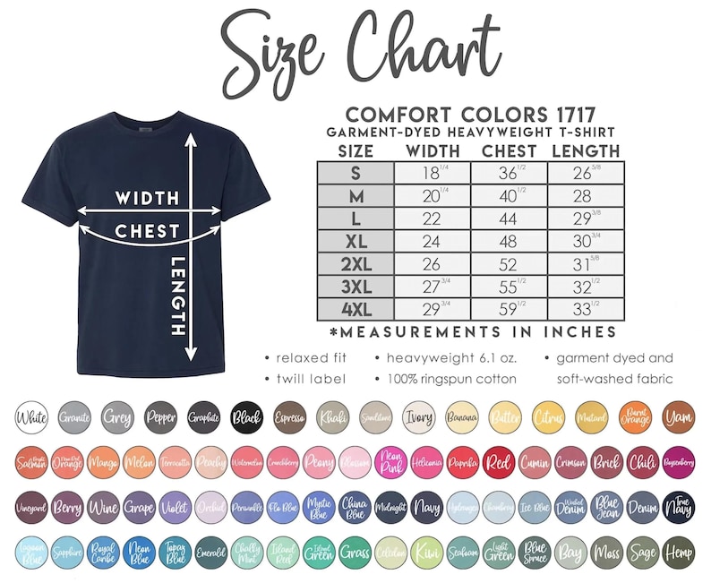 May include: A navy blue t-shirt with a size chart, including measurements in inches for width, chest, and length. The chart lists sizes S to 4XL. The image also displays a color palette of available t-shirt colors.
