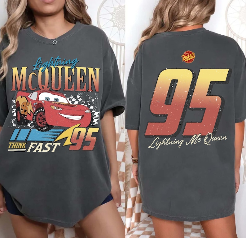 Disney Pixar Car Lightning McQueen Shirt, Disney Cars Land Shirt, Walt Disney World McQueen Graphic Sweater, Disney Family Vacation Trip Tee image 1