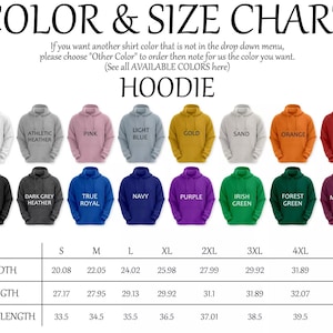 May include: Color and size chart for hoodies, featuring various colors like white, black, and red. Includes width, length, and sleeve length measurements in inches for sizes S through 5XL. Text at the top reads "COLOR & SIZE CHART".