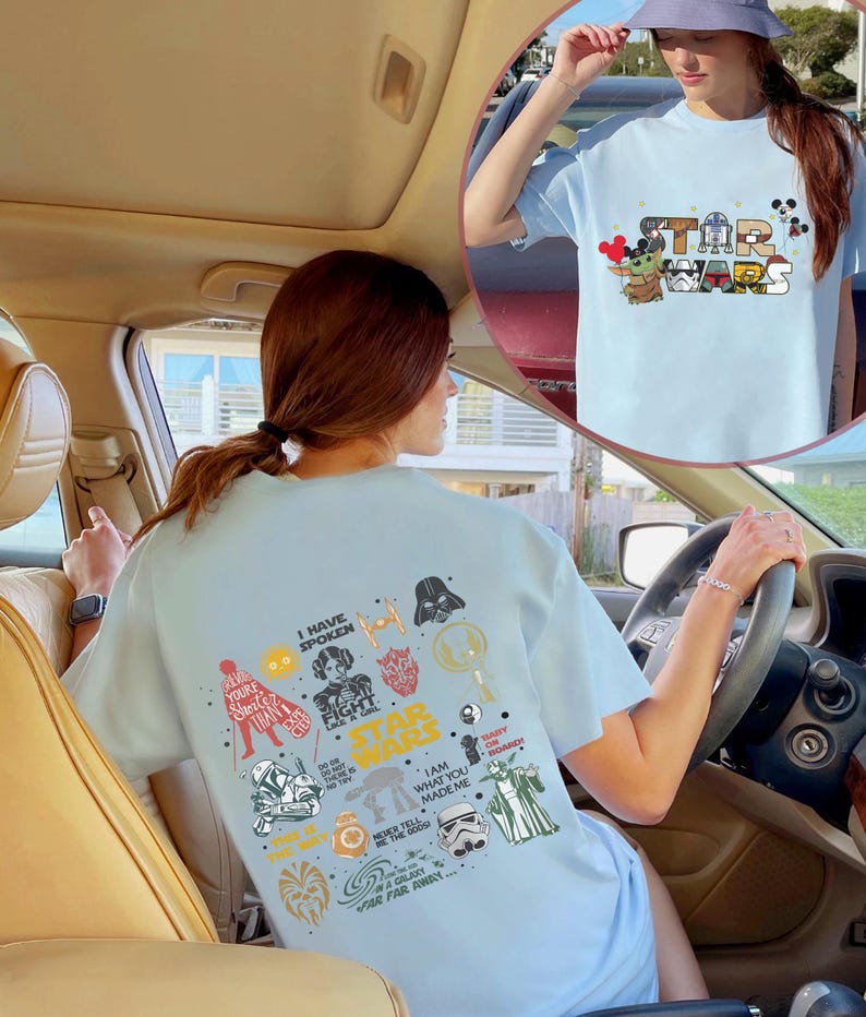 May include: Pale blue Star Wars t-shirt featuring character illustrations and the text "I Have Spoken", "Star Wars", and "A Galaxy Far, Far Away". The front of the shirt has the Star Wars logo and characters.