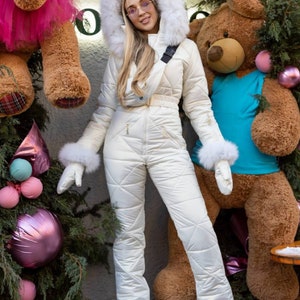 Women White Ski Suit Jumpsuit Snowsuit Snow Skiing With Hood Fashion Ski Outfit Overalls for Ski Holiday Waterproof Windproof