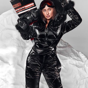 Women Black Ski Suit Jumpsuit Ski Outfit With Hood Ski Jumpsuit For Snowboarding Warm Snow Skiing Shiny Ski Suit