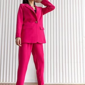 Fuchsia Pink Women’s Suit, Bright Oversized Blazer & Pants Set, Bold Two-Piece Outfit for Events, Stylish Pink Power Look